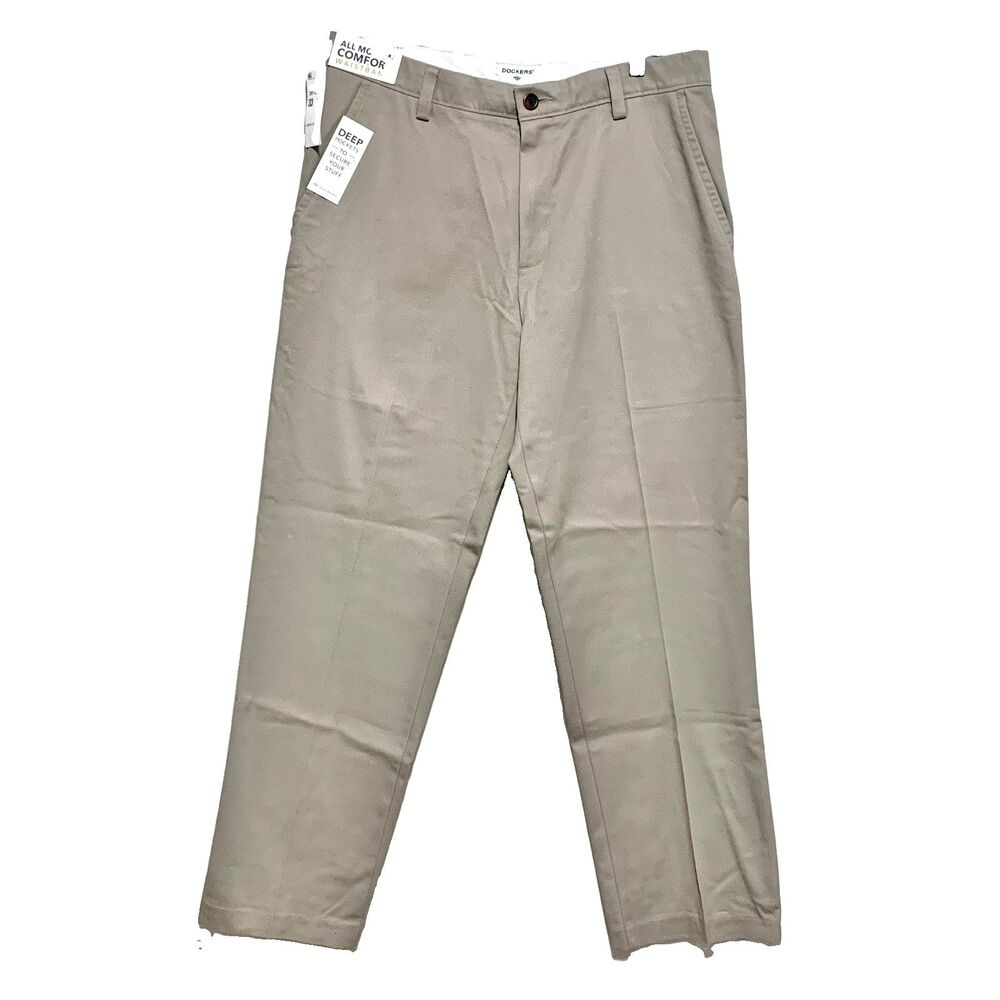 Docker's Straight Fit Pants Men's 33 x 30 Beige Khaki Flat Front Slash Pockets